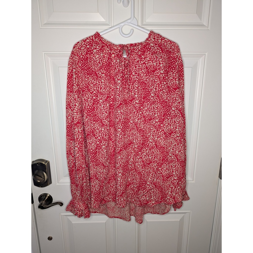 Loft Plus Red Cream Abstract Print V-Neck Ruffle Cuff Blouse Size 16 - Picture 2 of 6